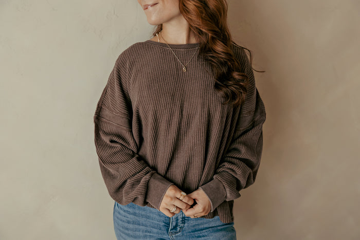 Dark Brown Mineral Wash Waffle Open Back Top