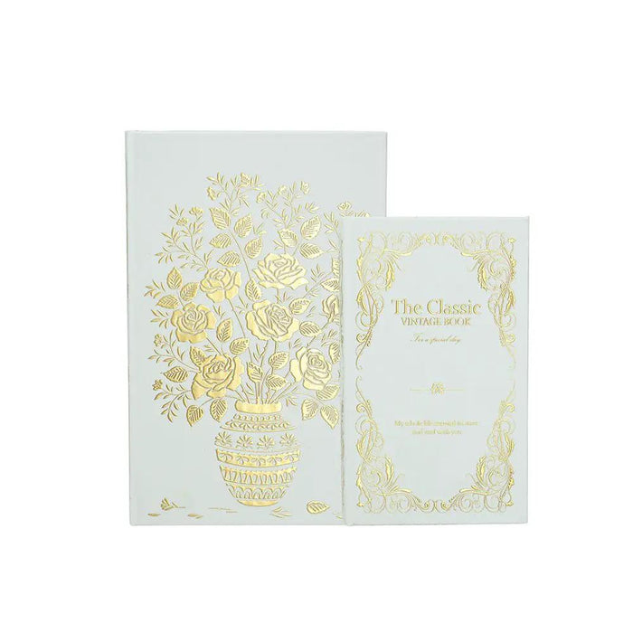 Decorative Book Box with White and Gold Floral Motifs and Text Small 5" x 8.3"