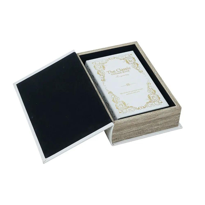 Decorative Book Box with White and Gold Floral Motifs and Text Small 5" x 8.3"