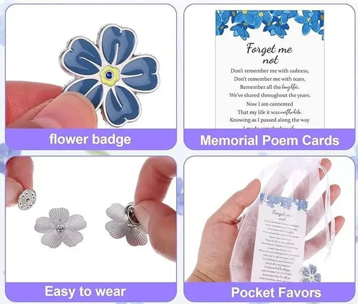 Direct Florist Supplies - Forget Me Not Memorial Pin Flower Lapel Brooch Funeral Favor with Memorial Poem Cards and Organza Bags for Memorial Remembrance Presents