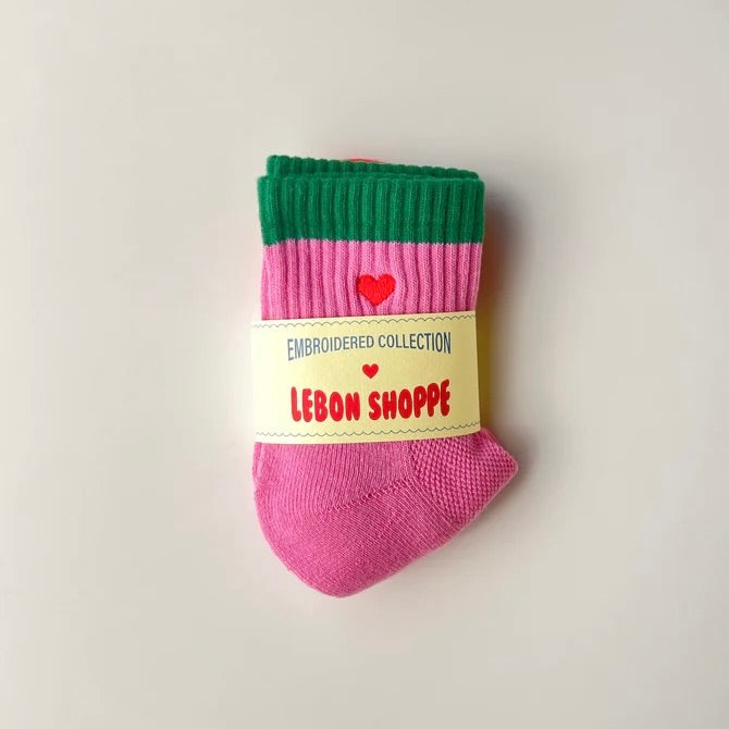 Embroidered Rose Green + Heart Colorblock Girlfriend Socks
