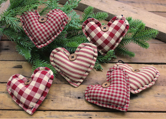 Fabric Heart Ornaments - Set of 6 - Primitive Star Quilt Shop
