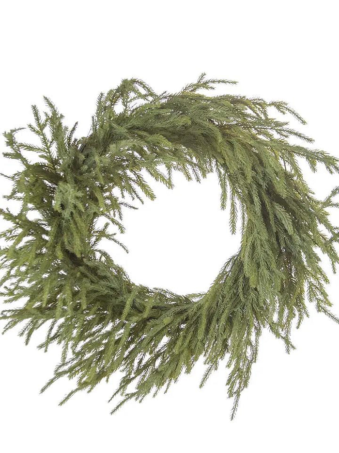 Fir Pine Wreath 24 inch silk evergreen with dense green foliage in a circular form.