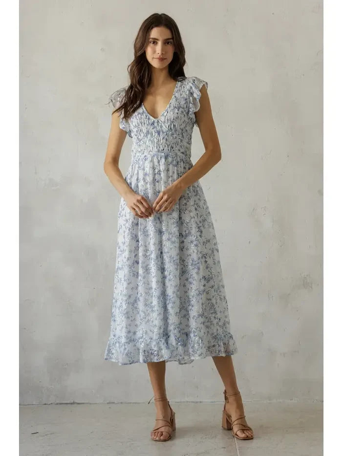 Floral Smocked Ruffle Midi Dress