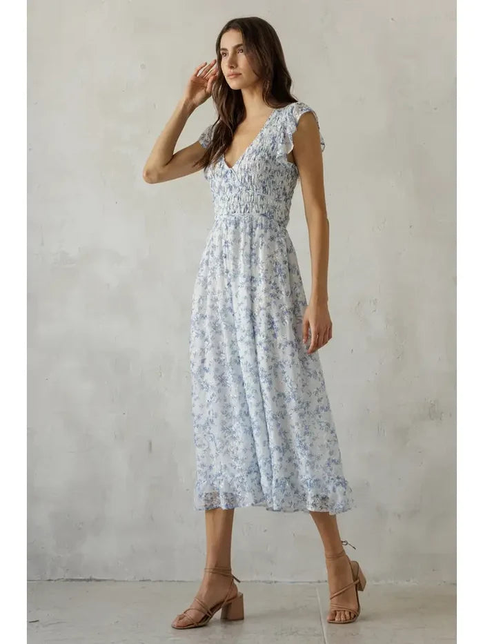Floral Smocked Ruffle Midi Dress