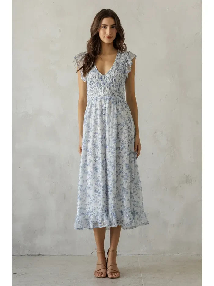 Floral Smocked Ruffle Midi Dress