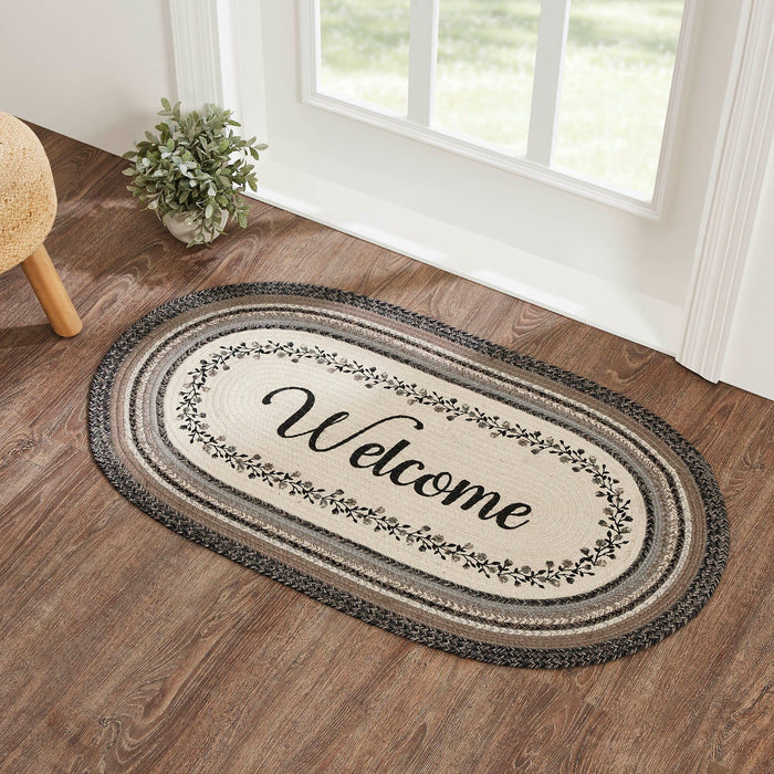Floral Vine "Welcome" Oval Braided Rug 27x48" - with Pad - Primitive Star Quilt Shop