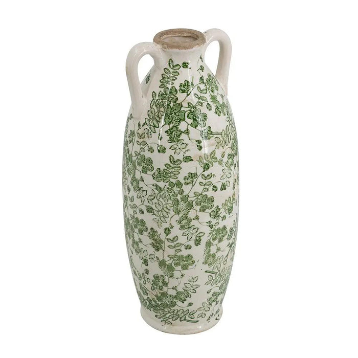 A&B Green Ceramic Floral Print Vase 15.5" - Vases Merchandise