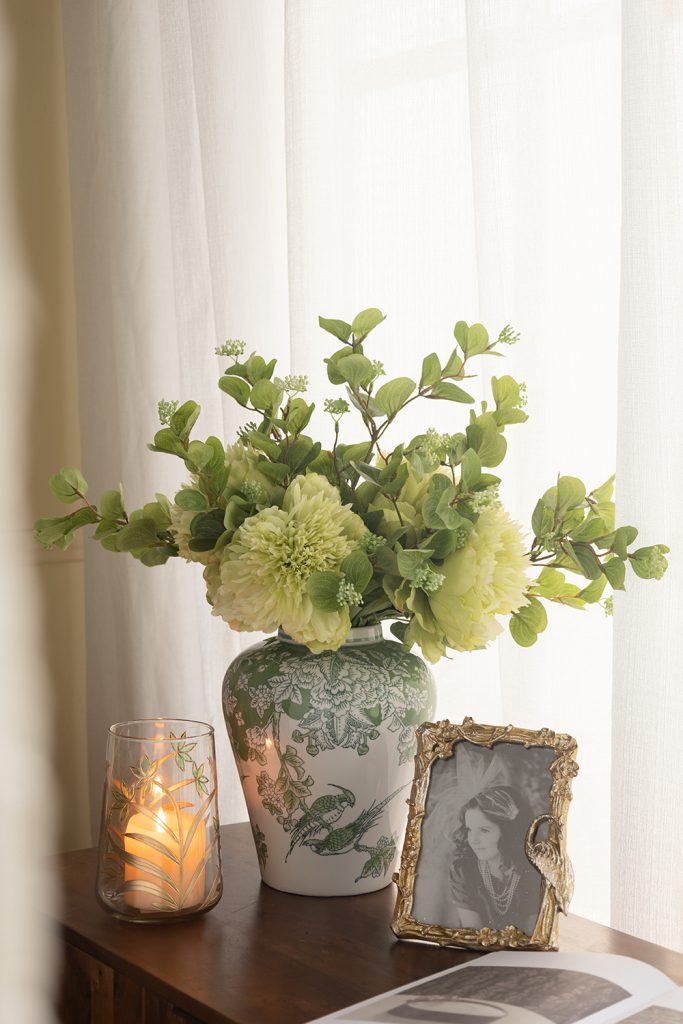 A&B Green-Gold Glass Floral Print Vase 5"D x 7" - Vases Merchandise