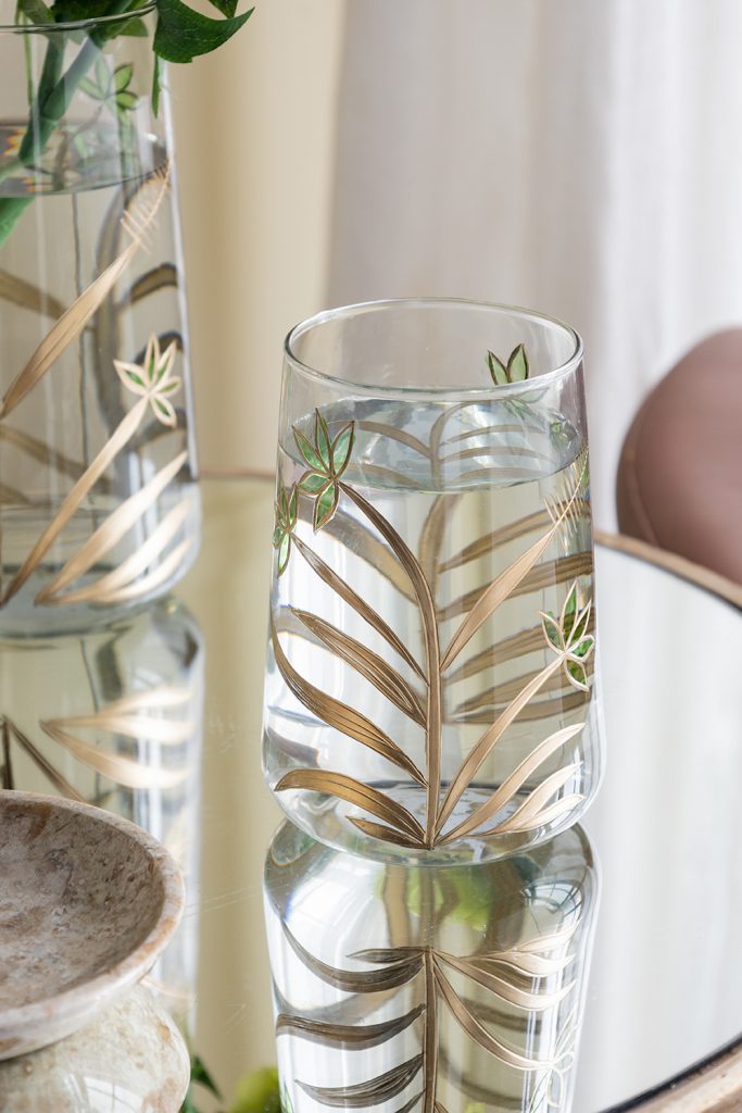 A&B Green-Gold Glass Floral Print Vase 5"D x 7" - Vases Merchandise