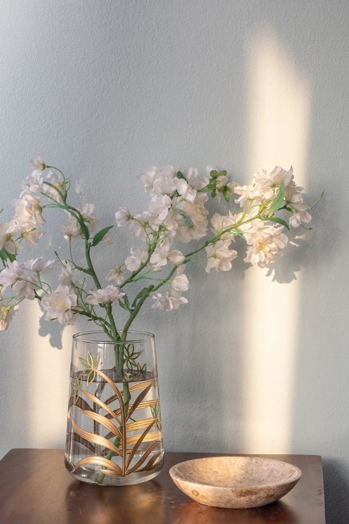 A&B Green-Gold Glass Floral Print Vase 5"D x 7" - Vases Merchandise