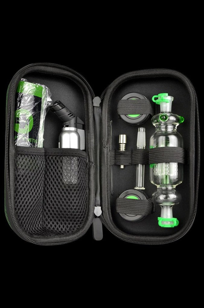 The open case displays the Very Happy Dab Kit, featuring various glass pieces arranged on a black foam insert.
