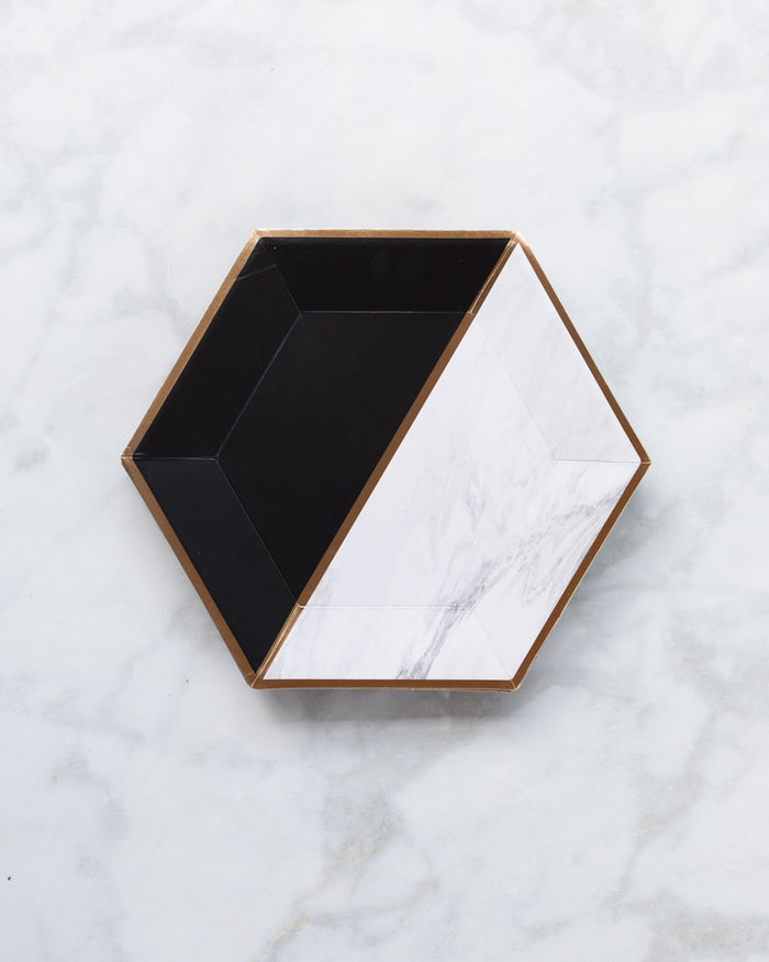 Harlow & Grey Vanity - White Marble and Black Colorblock Large Paper Plates - Pack of 8
