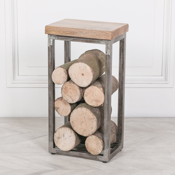 Iron Frame Log Store Side Table with Wooden Top - Modern Home Interiors