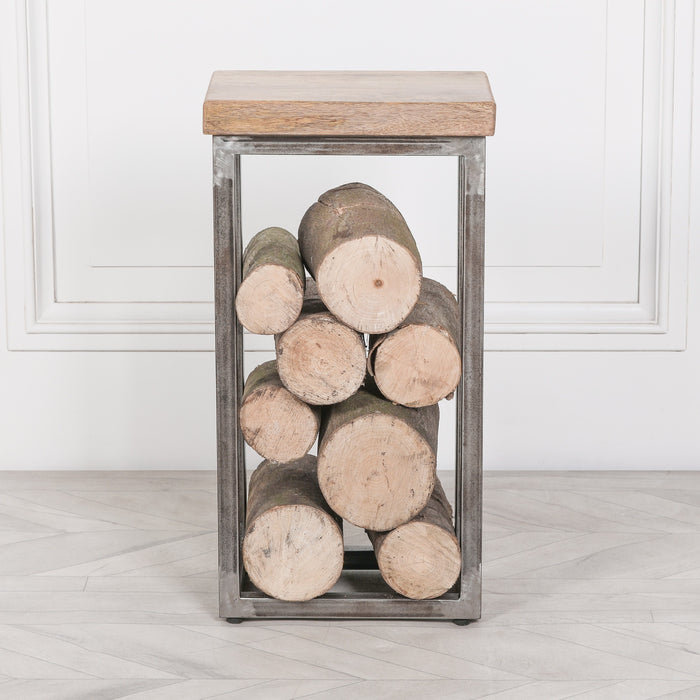 Iron Frame Log Store Side Table with Wooden Top - Modern Home Interiors