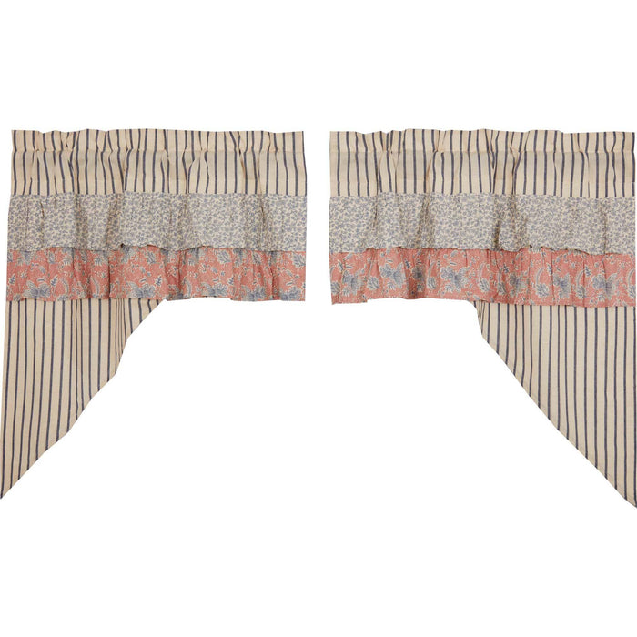 Kaila Blue Stripe Ruffled Lined Swag Curtains - Primitive Star Quilt Shop