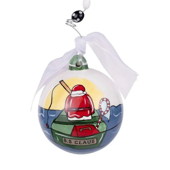 Glory Haus Lake Life with Santa Ornament, 6-inch holiday ornament featuring Santa on a green boat