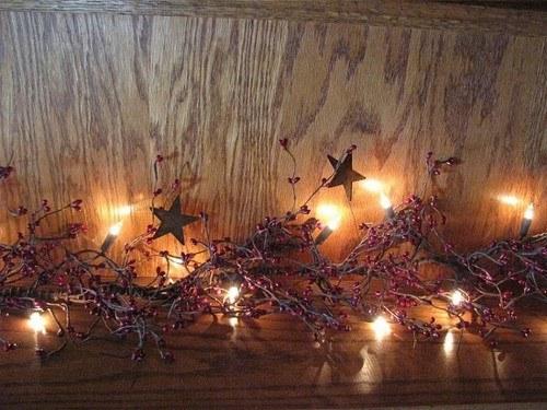 Lighted Burgundy Pip Berry and Star Garland 40" - Primitive Star Quilt Shop