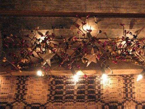 Lighted Colonial Pip Berry and Star Garland 40" - Primitive Star Quilt Shop