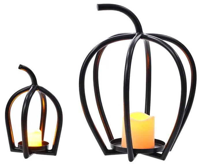 Metal black ribbed pumpkin candle holders, two sizes, by Special T.