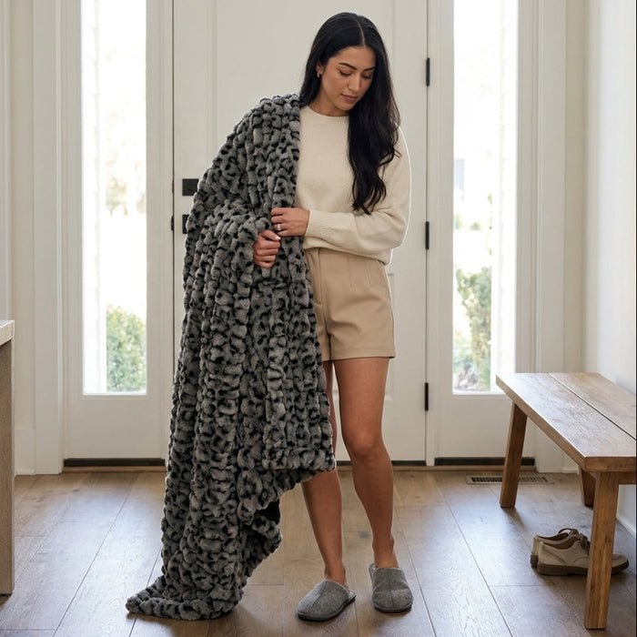 Milan Clouded Leopard Silver Minky Blanket