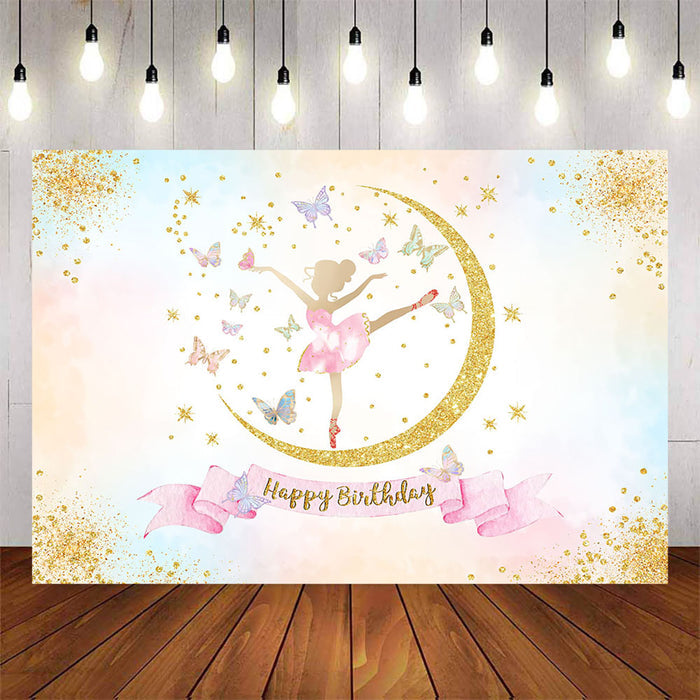 Mocsicka Gold Moon Ballet Girl Happy Birthday Party Backdrop-Mocsicka Party