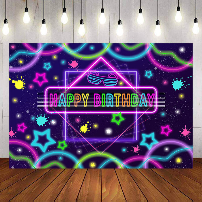 Mocsicka Neon Lights and Stars Happy Birthday Party Backdrop-Mocsicka Party