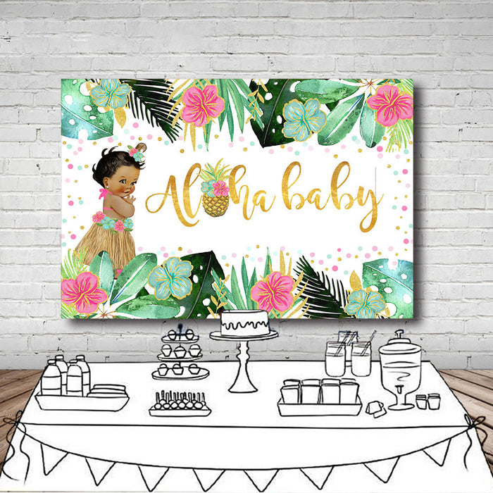 Mocsicka Plam Leaves and Flowers Aloha Baby Shower Backdrop