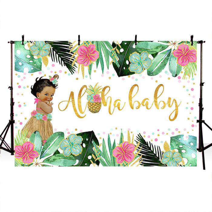 Mocsicka Plam Leaves and Flowers Aloha Baby Shower Backdrop