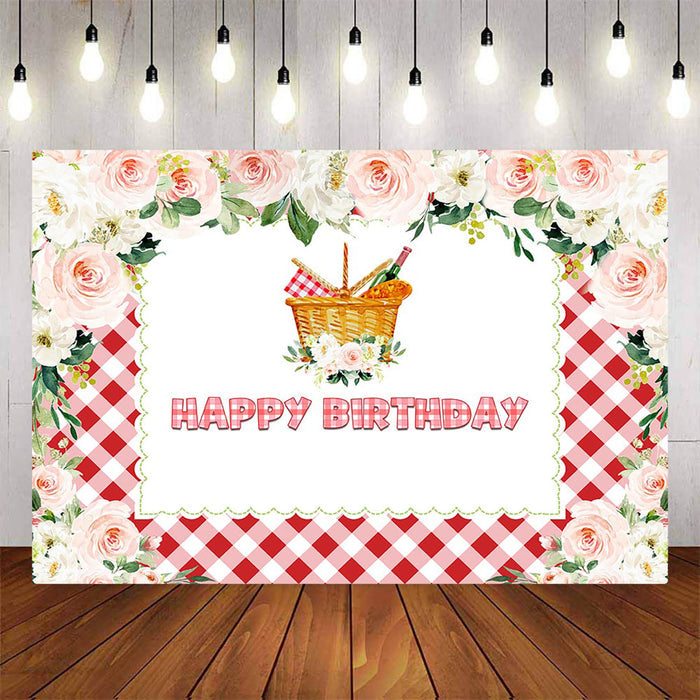Mocsicka Red Plaid Spring Floral Happy Birthday Backdrop-Mocsicka Party