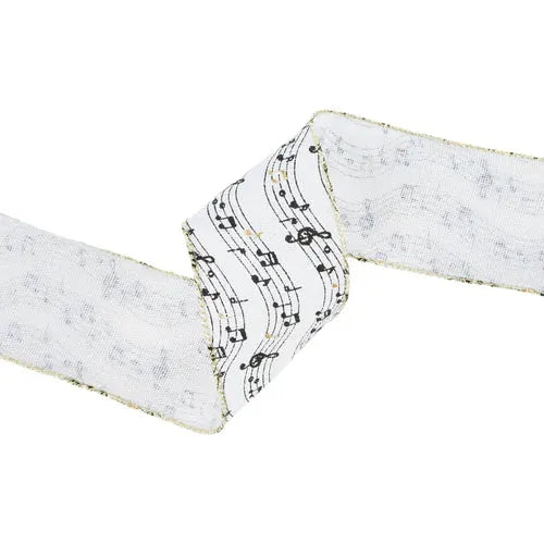 La Ribbons Musical Notes on White Wired Ribbon 2.5"Wx10yd - Ribbons & Trim Ribbon