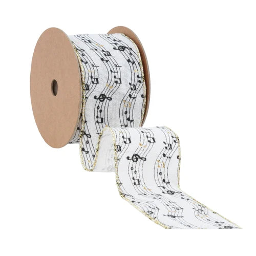 La Ribbons Musical Notes on White Wired Ribbon 2.5"Wx10yd - Ribbons & Trim Ribbon