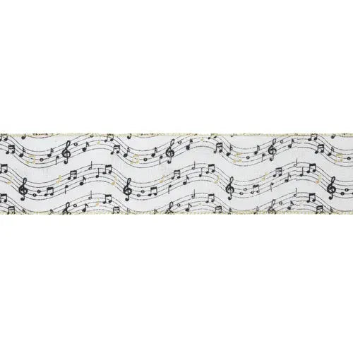 La Ribbons Musical Notes on White Wired Ribbon 2.5"Wx10yd - Ribbons & Trim Ribbon