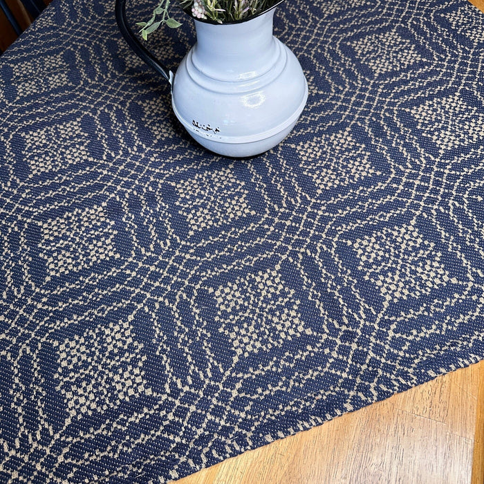 Nantucket Navy and Tan Woven Small Table Cloth 34" - Primitive Star Quilt Shop