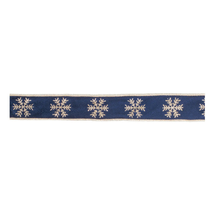 Ribbon Melrose navy and gold snowflake wired polyester, 1.5in x 5yds