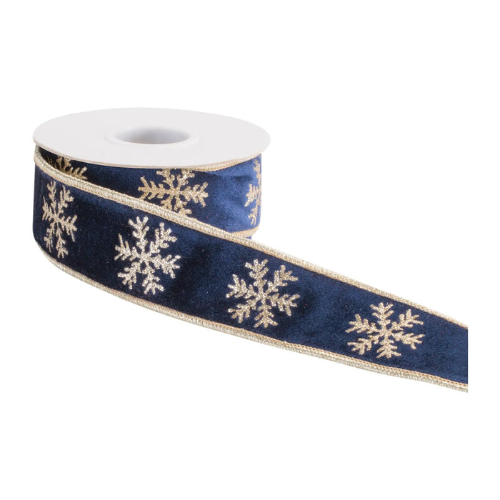 Ribbon Melrose navy and gold snowflake wired polyester, 1.5 in x 5 yd