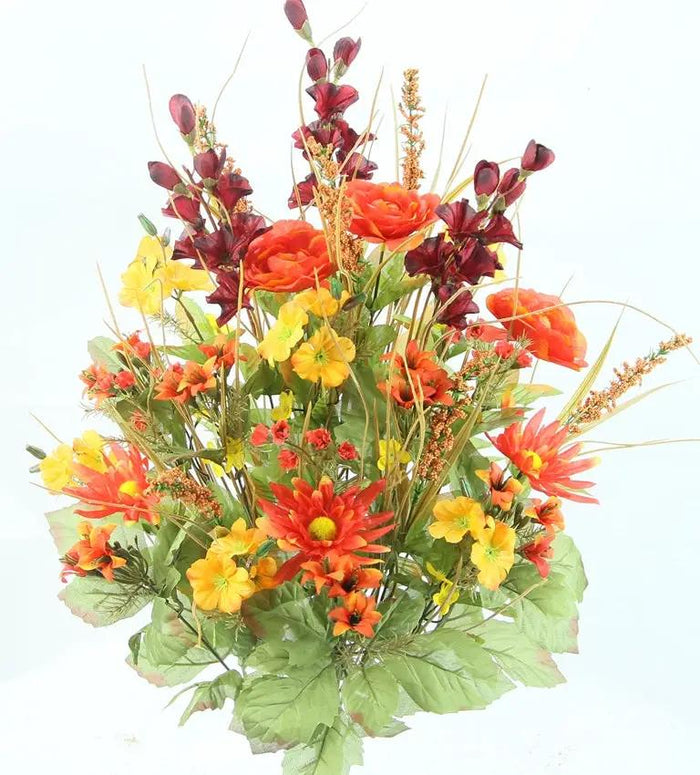 GSC Silk Orange-Plum-Gold Mixed Bush artificial flower arrangement with yellow blooms and green leaves