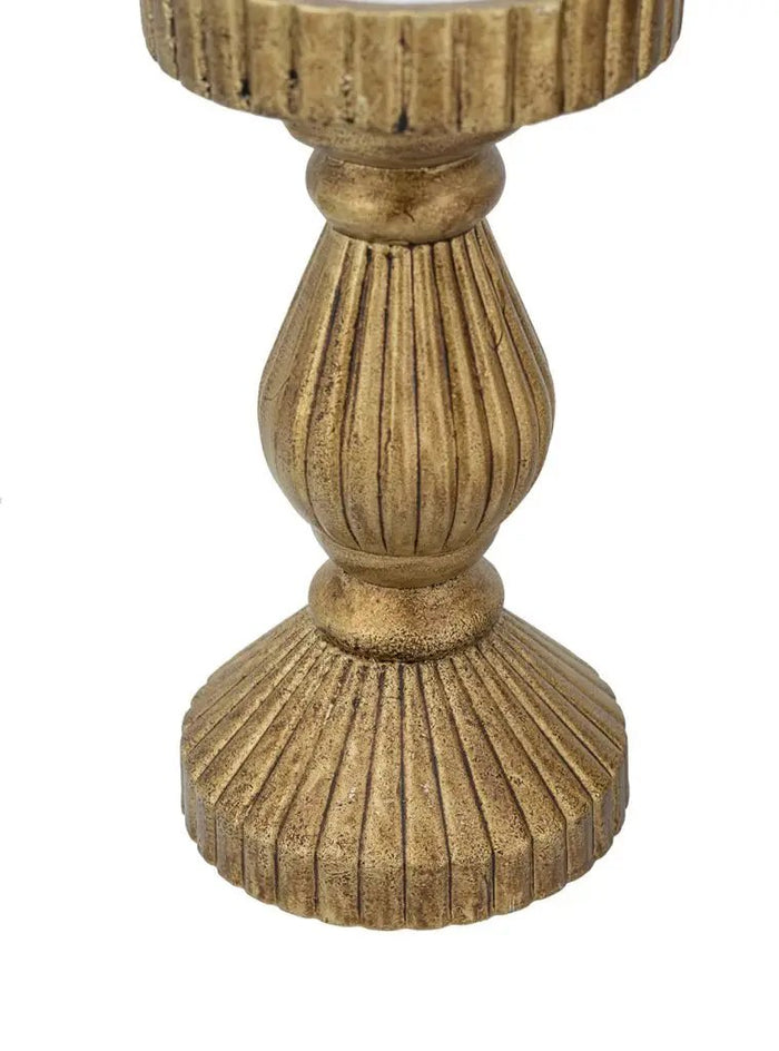 Ornate Wooden Candle Holder with Antique Gold Finish 3.5"D x 8"H