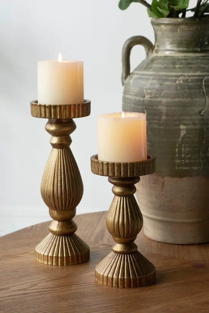 Ornate Wooden Candle Holder with Antique Gold Finish 3.5"D x 8"H - Evergreen Home and Floral