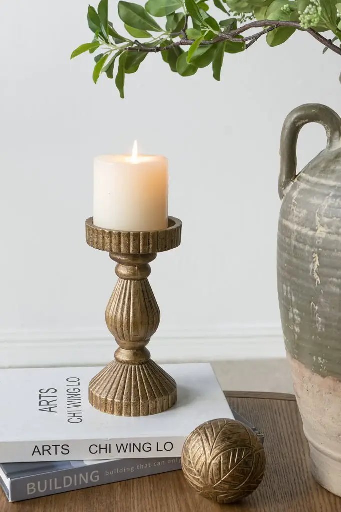 A&B Ornate Wooden Candle Holder with Antique Gold Finish 3.5"D x 8"H - Candle Holders Merchandise