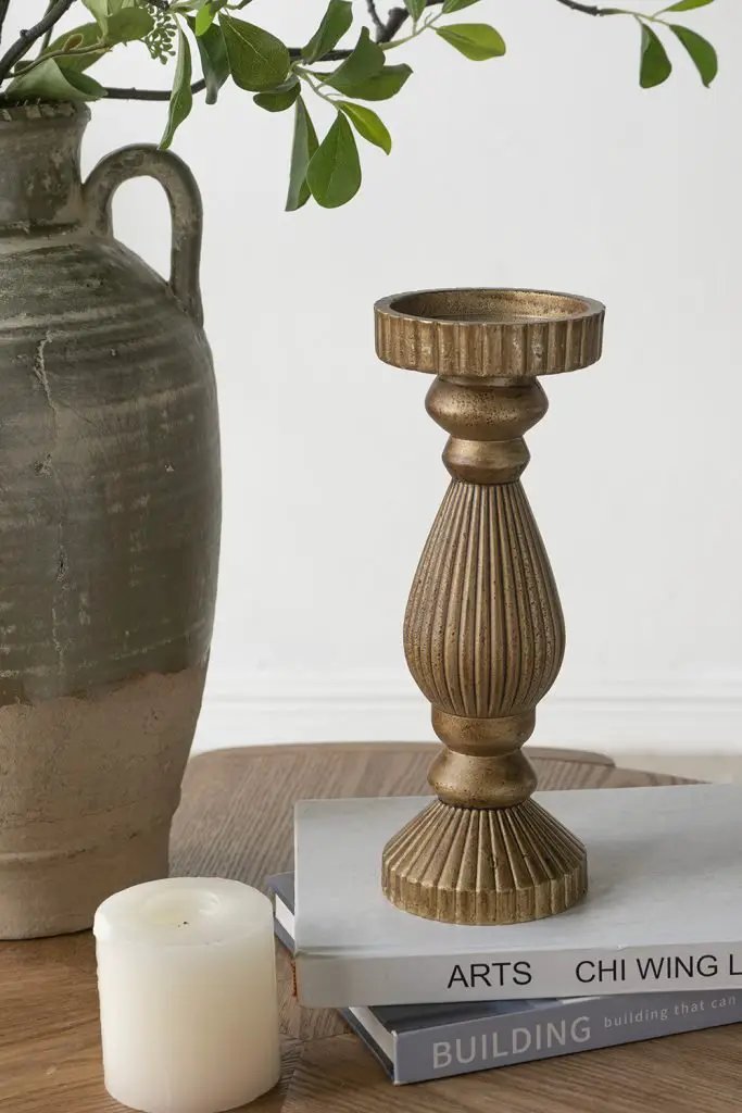 Ornate Wooden Candle Holder with Gold Finish 3.5"D x 11"H - Evergreen Home and Floral