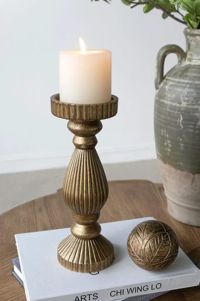 Ornate Wooden Candle Holder with Gold Finish 3.5"D x 11"H - Evergreen Home and Floral