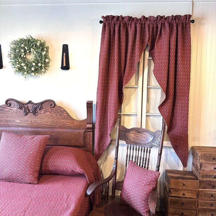 Packsville Rose Colonial Red and Tan Woven Lined Long Swag Curtains 63" - Primitive Star Quilt Shop