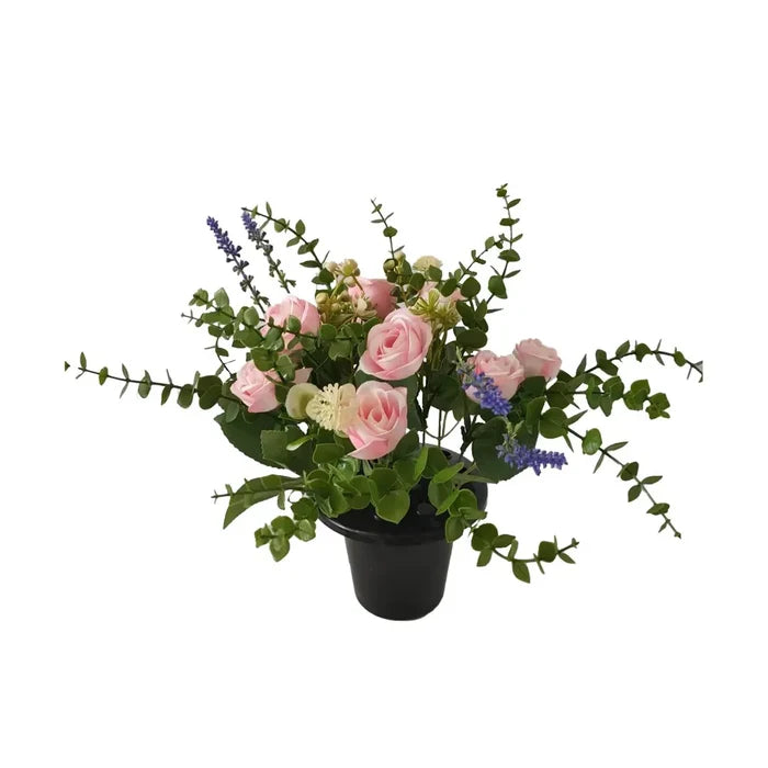 Pink - Deluxe Country Style Memorial Grave Pot - Rose Eucalyptus Greenery