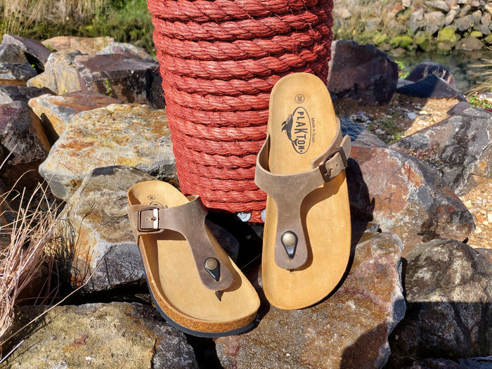 Quality European women's sandals. Made in Spain contoured cork footbed and rubber sole. Comfortable thong style sandal with buckle. Birkenstock style sandal in brown.