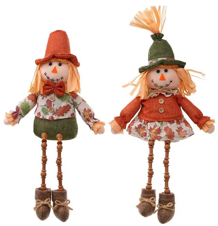 Plush scarecrow shelf sitter set of 2, 15H, Special T merchandise, orange hats, leaf-pattern outfits