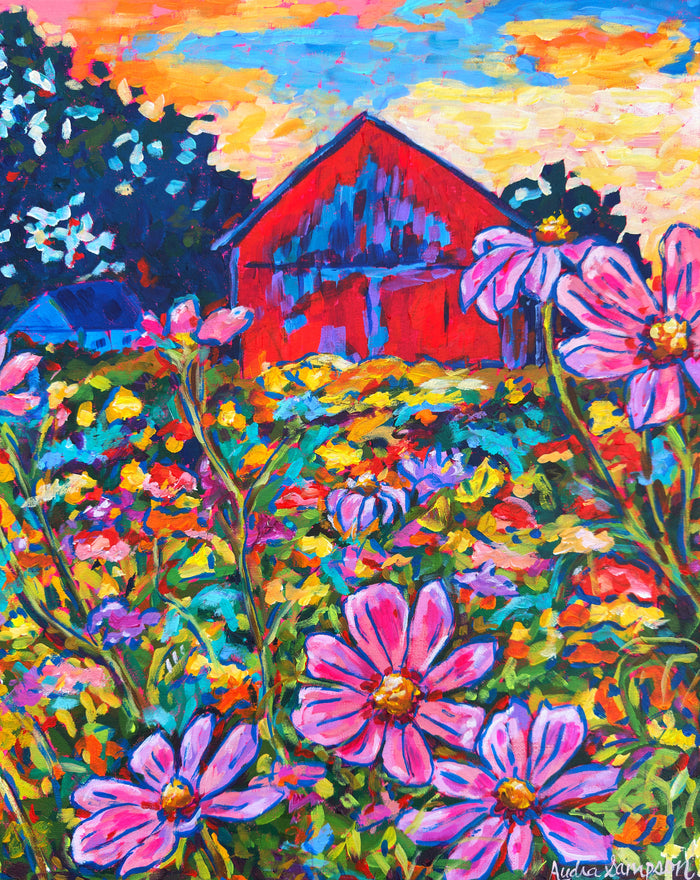 Red Barn with Daisies - Original 16x20" Floral Painting on Canvas