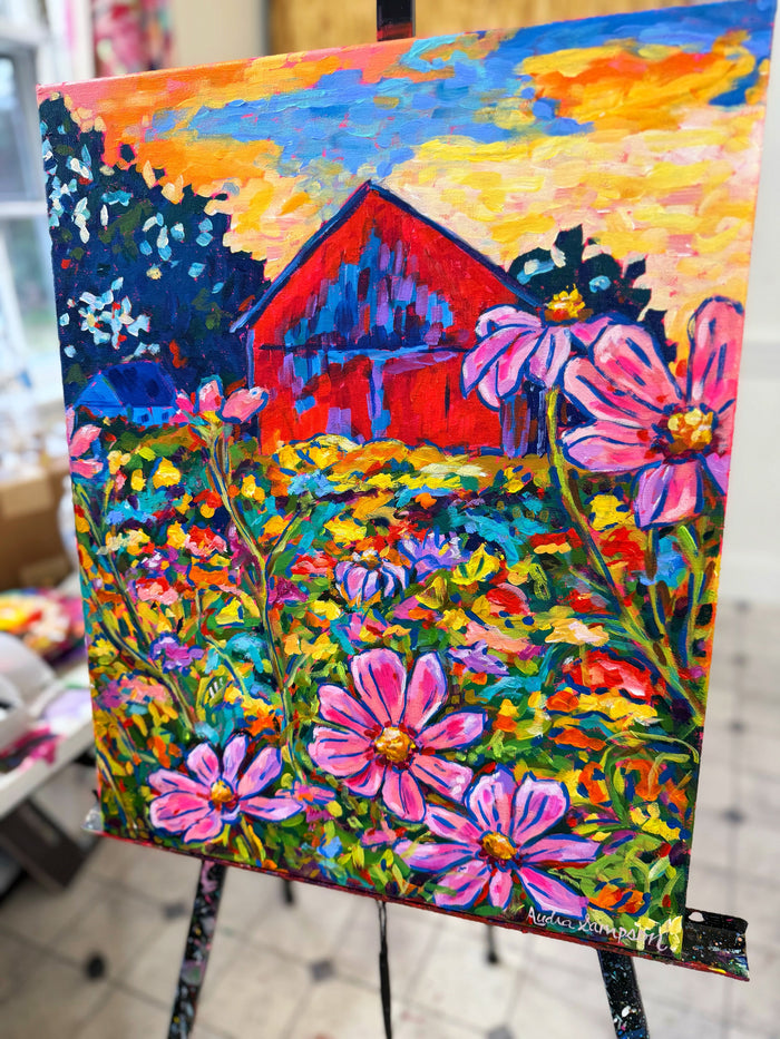 Red Barn with Daisies - Original 16x20" Floral Painting on Canvas