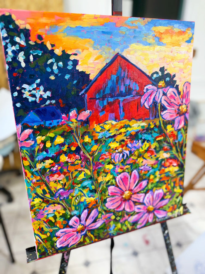 Red Barn with Daisies - Original 16x20" Floral Painting on Canvas