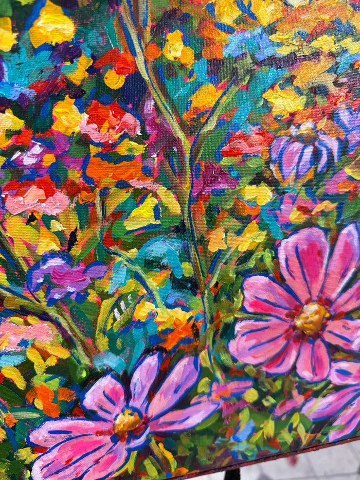 Red Barn with Daisies - Original 16x20" Floral Painting on Canvas